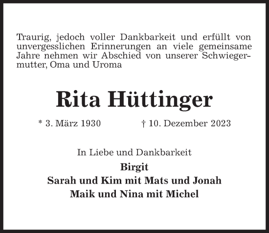 Traueranzeige von Rita Hüttinger von Kieler Nachrichten