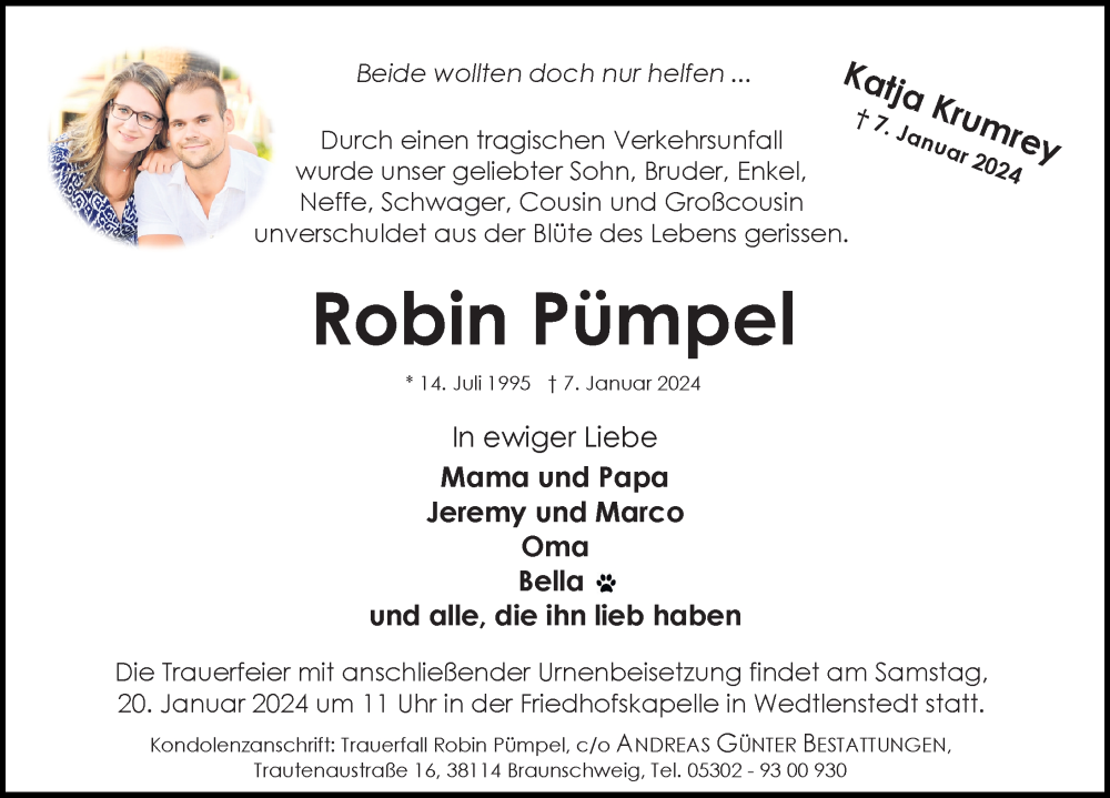  Traueranzeige für Robin Pümpel vom 18.01.2024 aus Peiner Allgemeine Zeitung