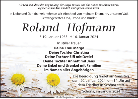 Traueranzeige von Roland Hofmann von Torgauer Zeitung