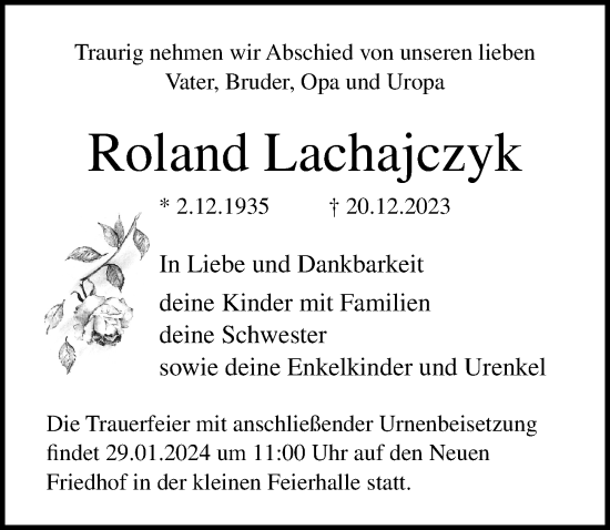 Traueranzeige von Roland Lachajczyk von Ostsee-Zeitung GmbH