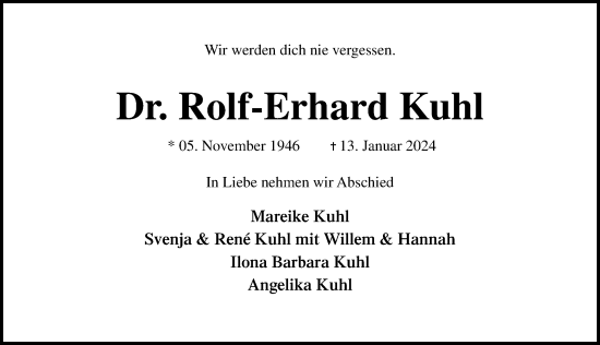 Traueranzeige von Rolf-Erhard Kuhl von Lübecker Nachrichten