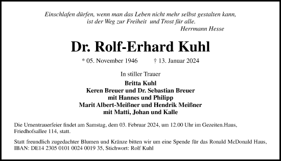 Traueranzeige von Rolf-Erhard Kuhl von Lübecker Nachrichten