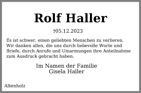 Traueranzeige von Rolf Haller von Kieler Nachrichten