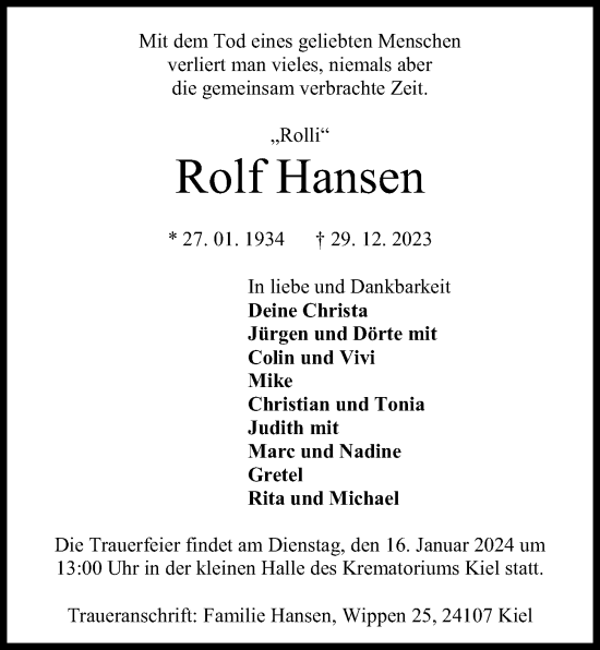 Traueranzeige von Rolf Hansen von Kieler Nachrichten