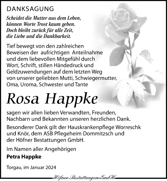 Traueranzeige von Rosa Happke von Torgauer Zeitung