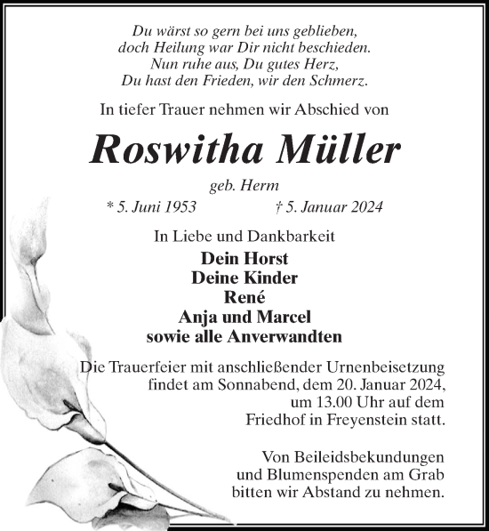 Traueranzeige von Roswitha Müller von Wochenspiegel