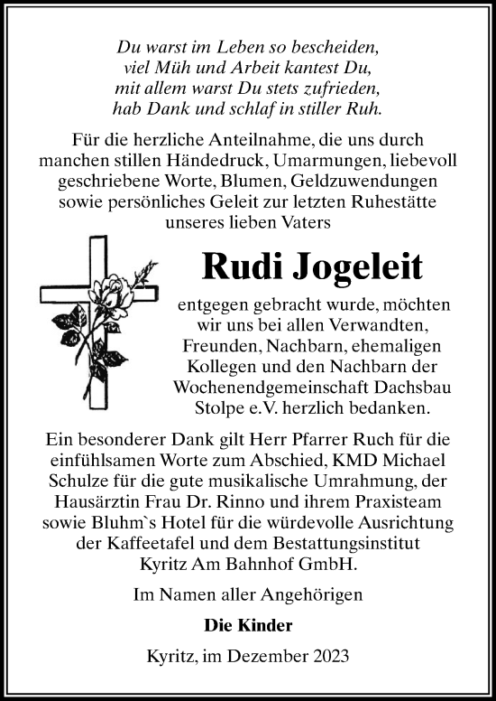 Traueranzeige von Rudi Jogeleit von Märkischen Allgemeine Zeitung