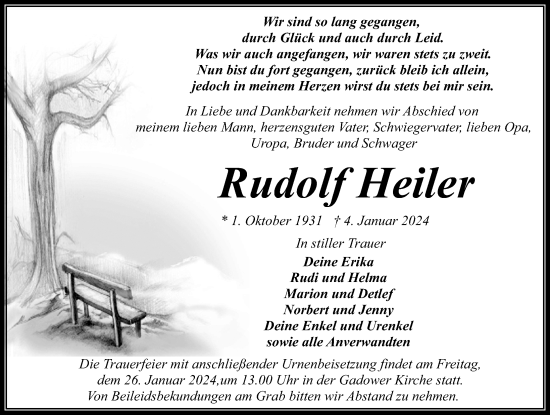 Traueranzeige von Rudolf Heiler von Wochenspiegel