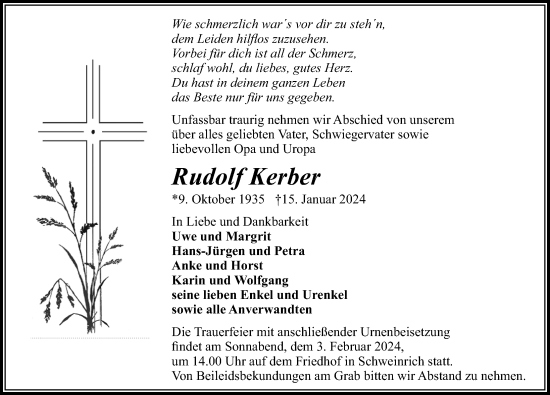 Traueranzeige von Rudolf Kerber von Märkischen Allgemeine Zeitung