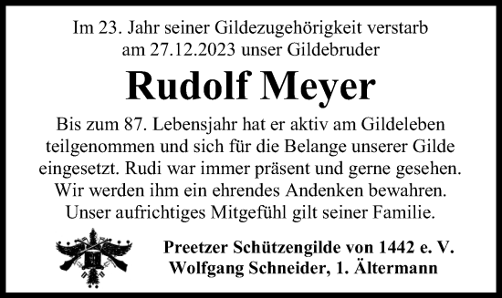 Traueranzeige von Rudolf Meyer von Kieler Nachrichten