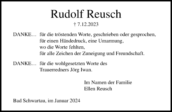 Traueranzeige von Rudolf Reusch von Lübecker Nachrichten
