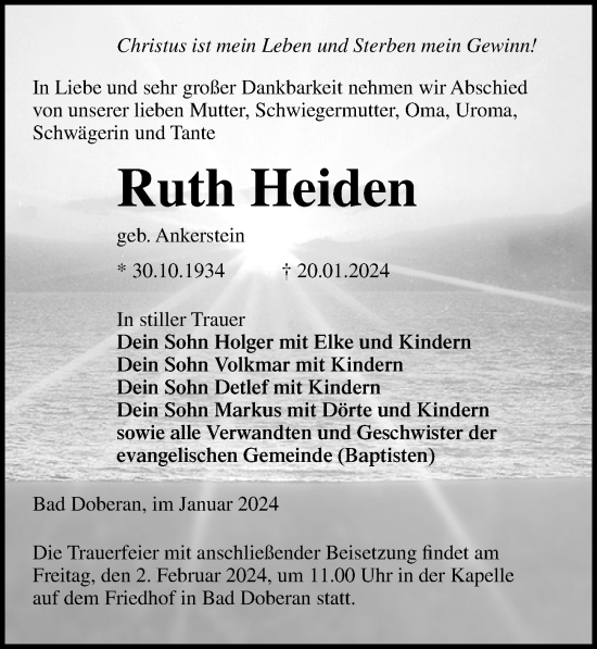 Traueranzeige von Ruth Heiden von Ostsee-Zeitung GmbH
