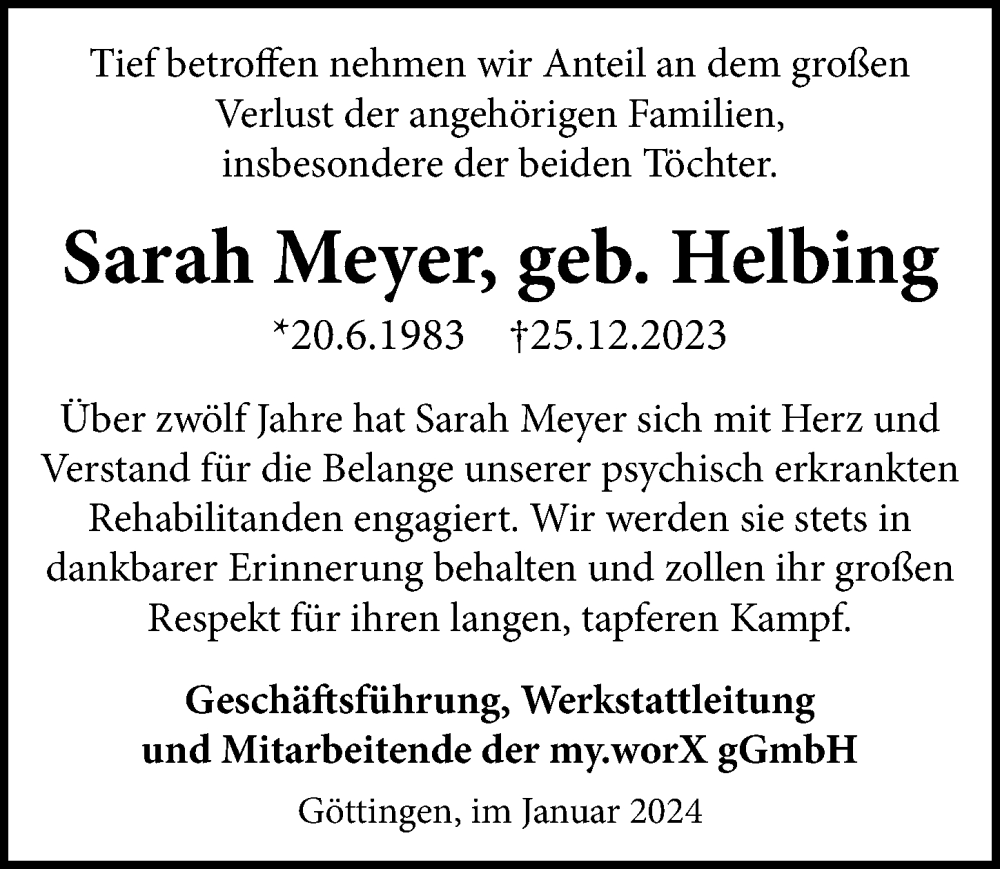  Traueranzeige für Sarah Meyer vom 06.01.2024 aus Göttinger Tageblatt