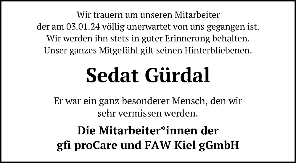 Traueranzeige für Sedat Gürdal vom 13.01.2024 aus Kieler Nachrichten