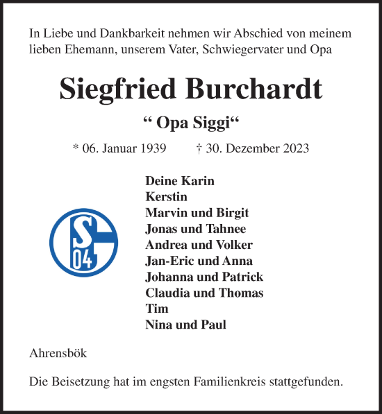 Traueranzeige von Siegfried Burchardt von Lübecker Nachrichten