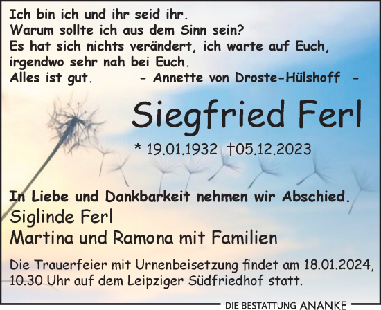 Traueranzeige von Siegfried Ferl von Leipziger Volkszeitung