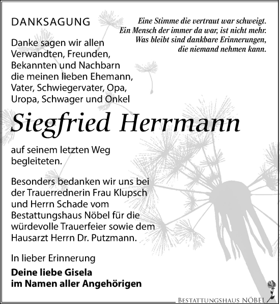 Traueranzeige von Siegfried Herrmann von Leipziger Volkszeitung
