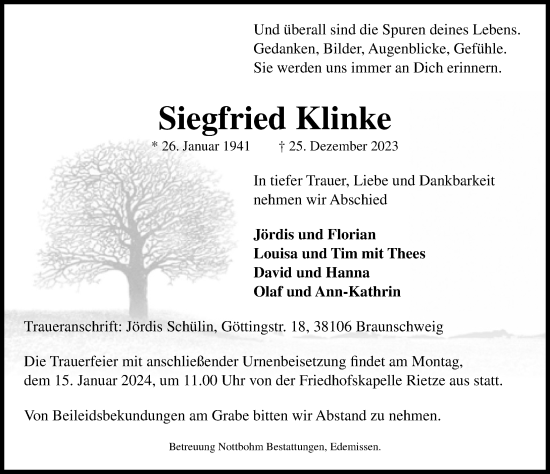 Traueranzeige von Siegfried Klinke von Peiner Allgemeine Zeitung