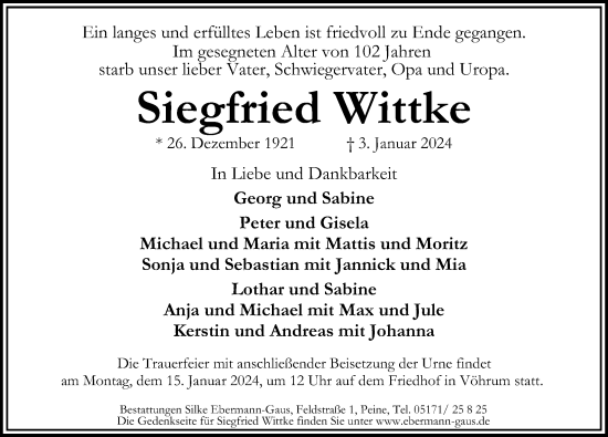 Traueranzeige von Siegfried Wittke von Peiner Allgemeine Zeitung