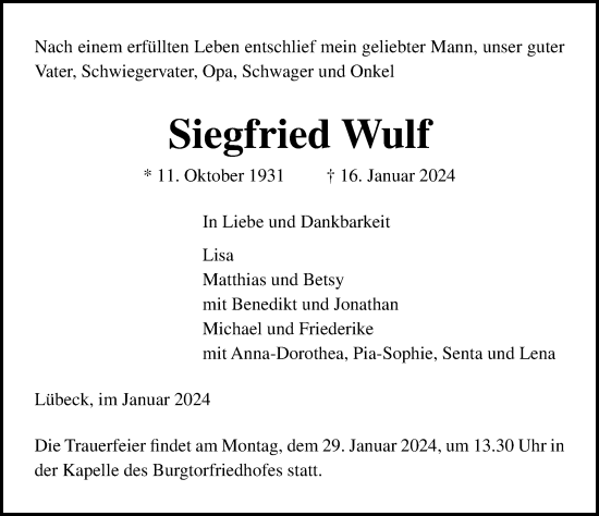 Traueranzeige von Siegfried Wulf von Lübecker Nachrichten