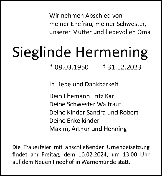 Traueranzeige von Sieglinde Hermening von Ostsee-Zeitung GmbH