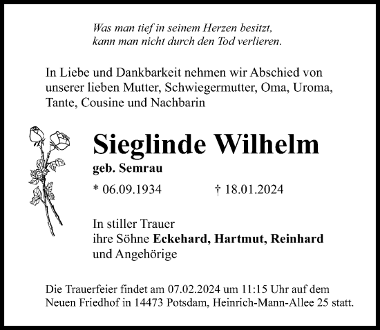 Traueranzeige von Sieglinde Wilhelm von Märkischen Allgemeine Zeitung