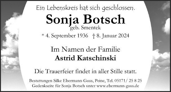 Traueranzeige von Sonja Botsch von Peiner Allgemeine Zeitung