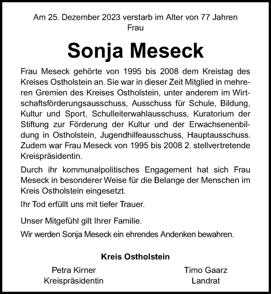 Traueranzeige von Sonja Meseck von Lübecker Nachrichten
