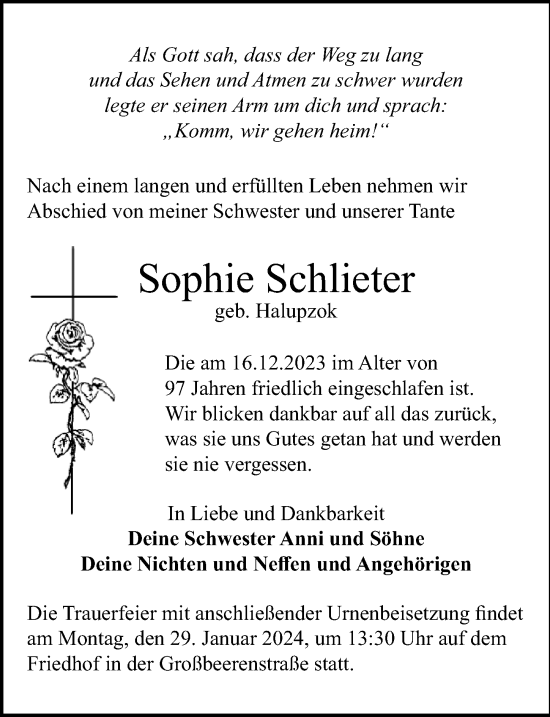 Traueranzeige von Sophie Schlieter von Märkischen Allgemeine Zeitung