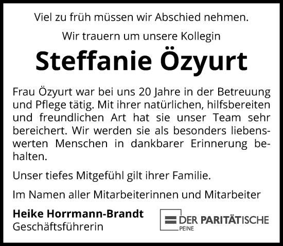 Traueranzeige von Steffanie Özyurt von Peiner Allgemeine Zeitung