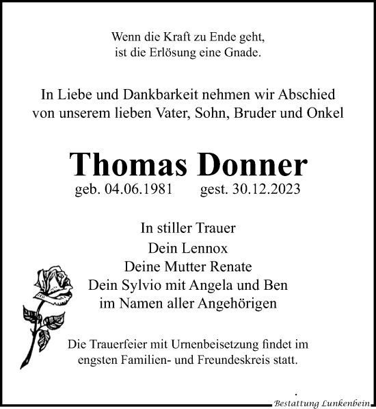 Traueranzeige von Thomas Donner von Leipziger Volkszeitung