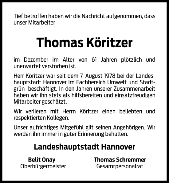 Traueranzeige von Thomas Köritzer von Hannoversche Allgemeine Zeitung/Neue Presse