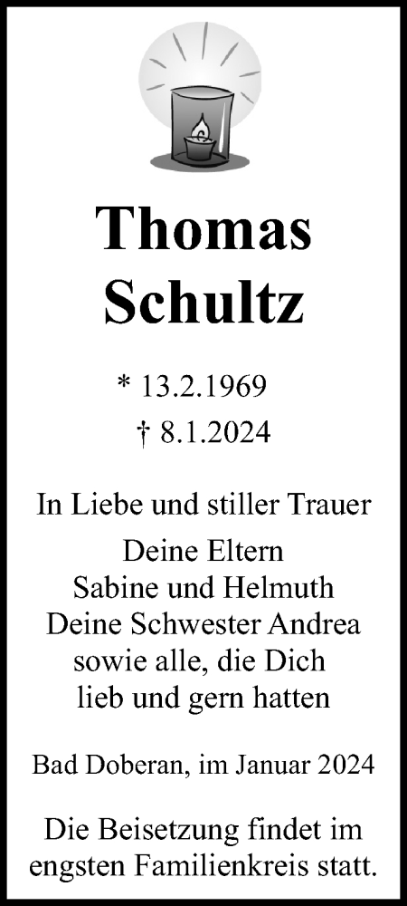 Traueranzeige von Thomas Schultz von Ostsee-Zeitung GmbH