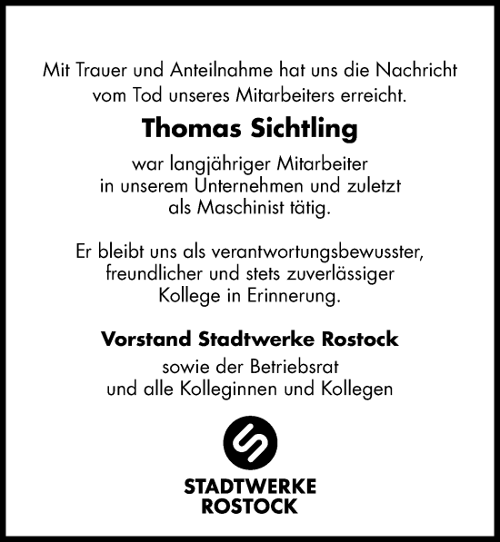 Traueranzeige von Thomas Sichtling von Ostsee-Zeitung GmbH