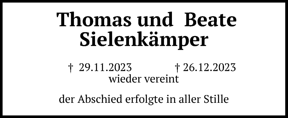  Traueranzeige für Thomas Sielenkämper vom 27.01.2024 aus Hannoversche Allgemeine Zeitung/Neue Presse