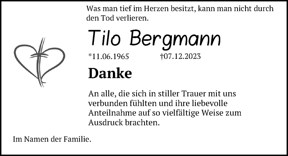  Traueranzeige für Tilo Bergmann vom 13.01.2024 aus Leipziger Volkszeitung