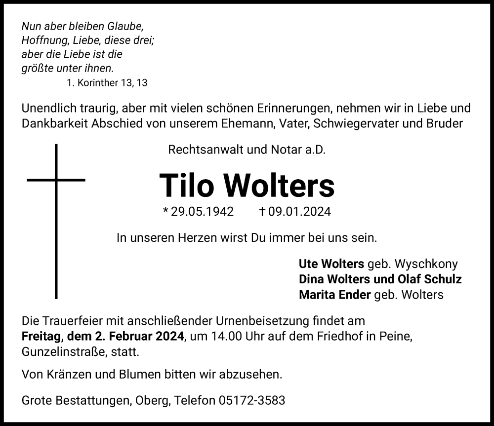  Traueranzeige für Tilo Wolters vom 20.01.2024 aus Peiner Allgemeine Zeitung