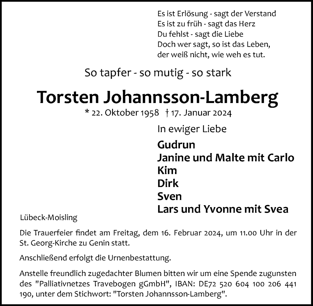  Traueranzeige für Torsten Johannsson-Lamberg vom 28.01.2024 aus Lübecker Nachrichten
