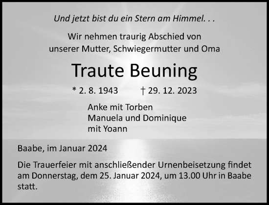Traueranzeige von Traute Beuning von Ostsee-Zeitung GmbH