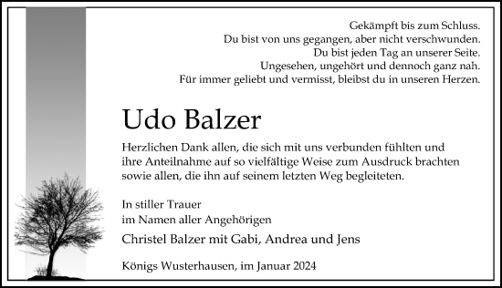 Traueranzeige von Udo Balzer von Märkischen Allgemeine Zeitung