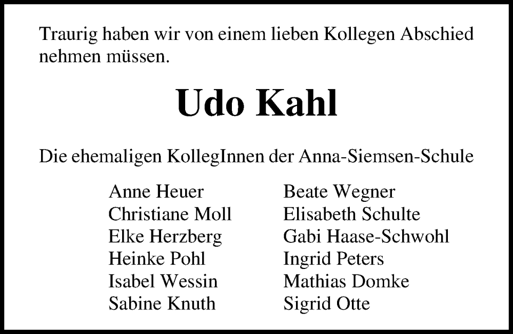  Traueranzeige für Udo Kahl vom 14.01.2024 aus Lübecker Nachrichten