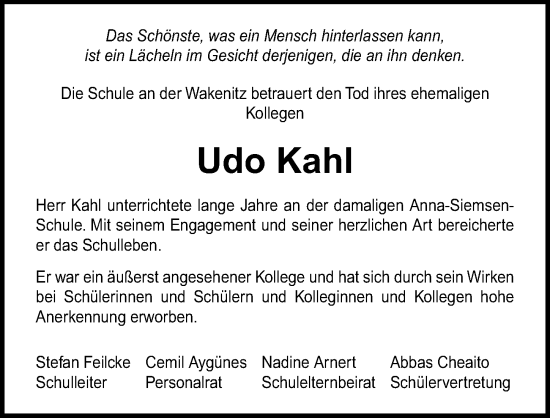 Traueranzeige von Udo Kahl von Lübecker Nachrichten