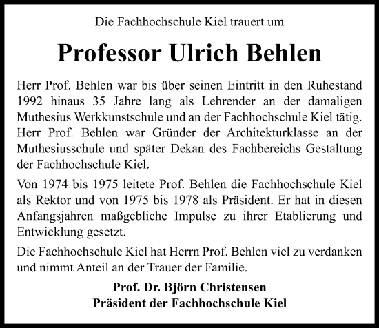 Traueranzeige von Ulrich Behlen von Kieler Nachrichten