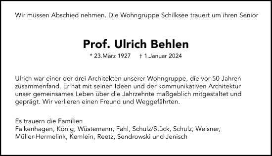 Traueranzeige von Ulrich Behlen von Kieler Nachrichten