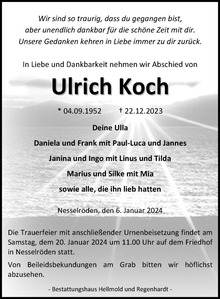  Traueranzeige für Ulrich Koch vom 06.01.2024 aus Eichsfelder Tageblatt