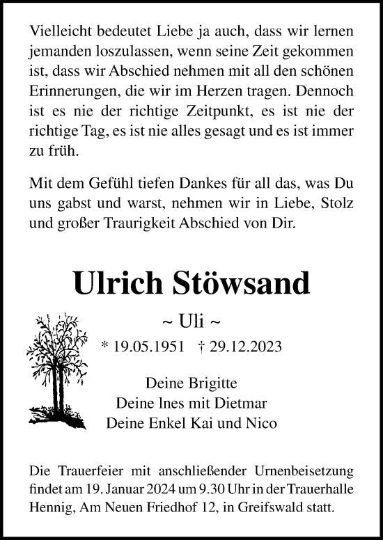 Traueranzeige von Ulrich Stöwsand von Ostsee-Zeitung GmbH