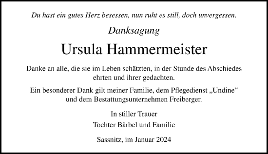 Traueranzeige von Ursula Hammermeister von Ostsee-Zeitung GmbH