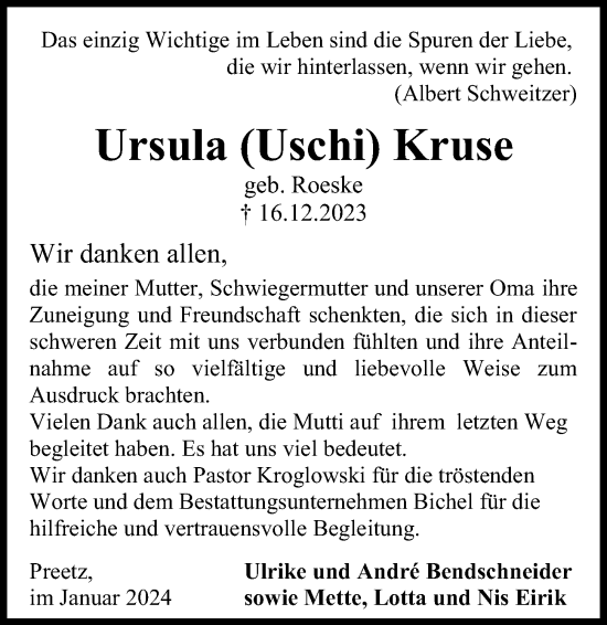 Traueranzeige von Ursula Kruse von Kieler Nachrichten