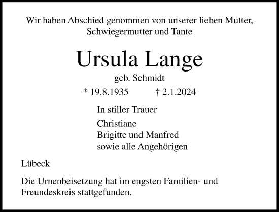 Traueranzeige von Ursula Lange von Lübecker Nachrichten