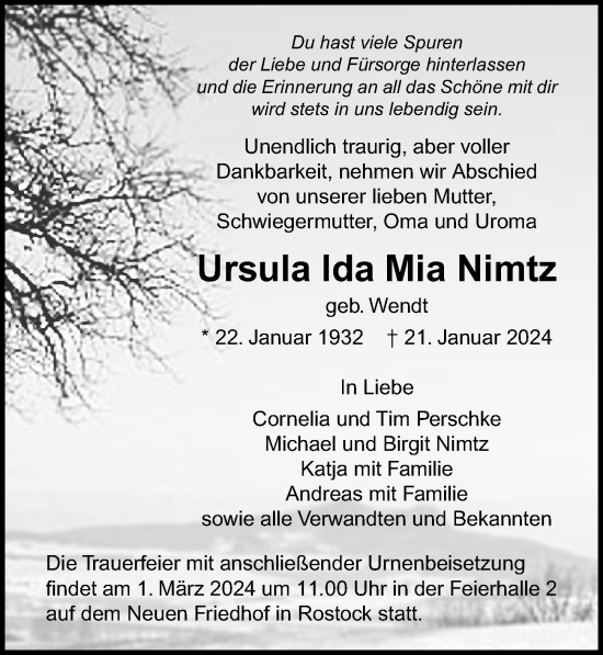 Traueranzeige von Ursula lda Mia Nimtz von Ostsee-Zeitung GmbH